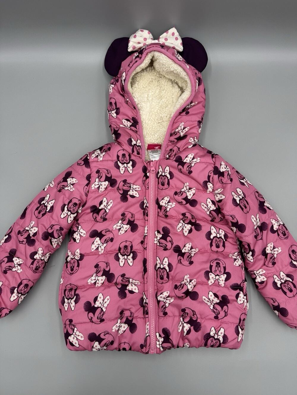 Disney Junior Minnie Mouse Pink Hooded Puffer Jacket Coat Ears & Bow Size 5